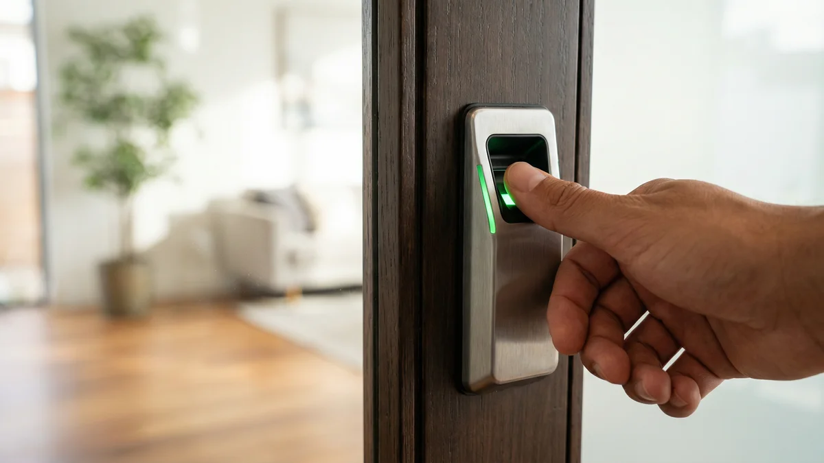 Control biométrico de huella digital abriendo puerta residencial
