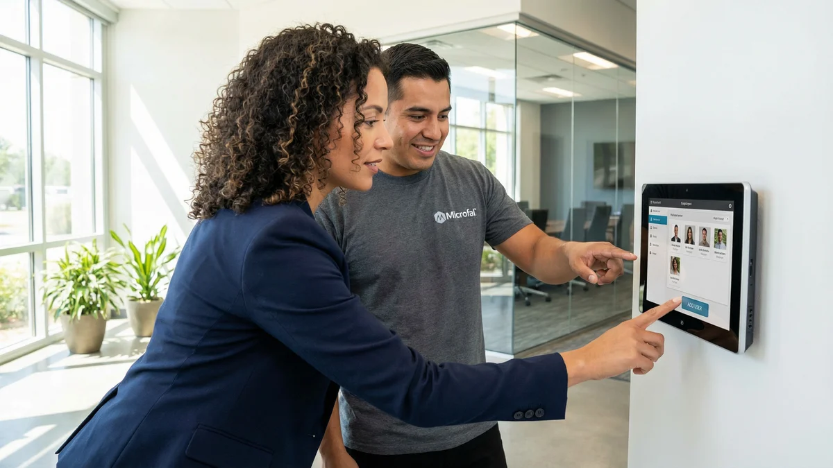 Cliente configurando usuarios en panel de control de acceso con técnico