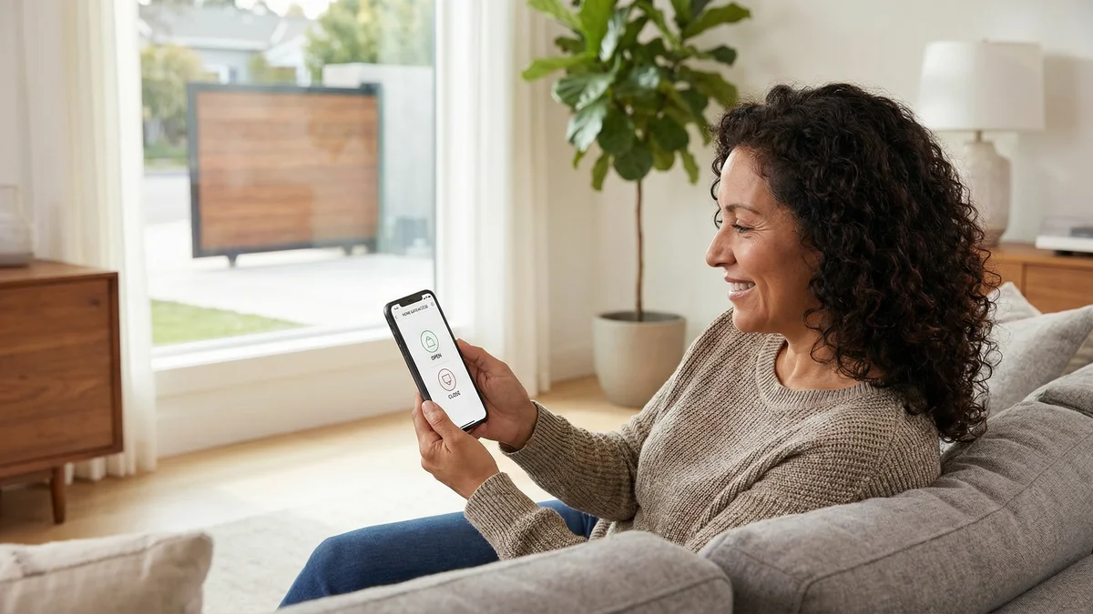 Familia controlando acceso de portón desde app móvil