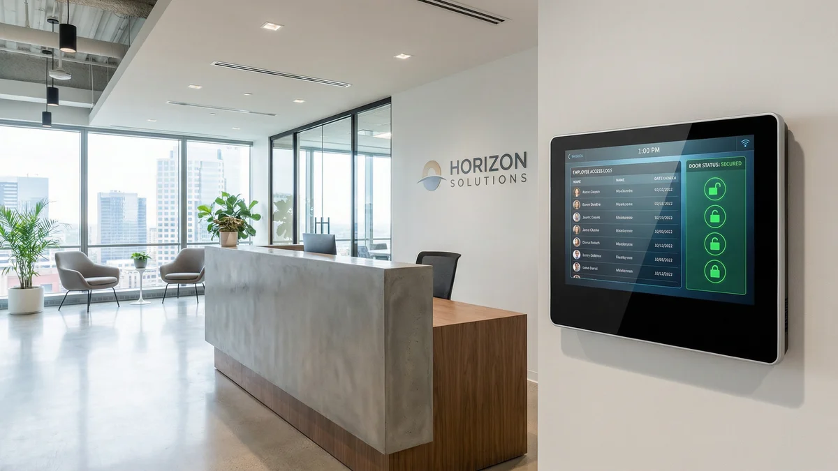 Panel de control de acceso en recepción corporativa