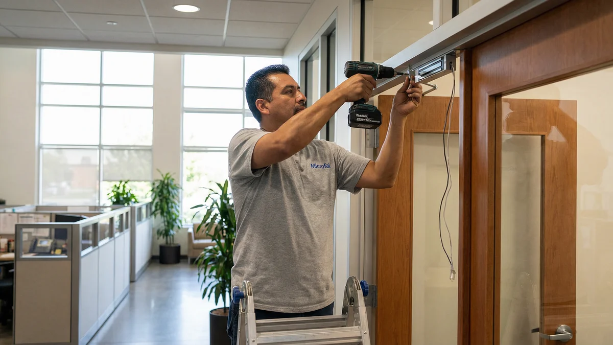 Técnico certificado Microfal instalando cerradura electromagnética