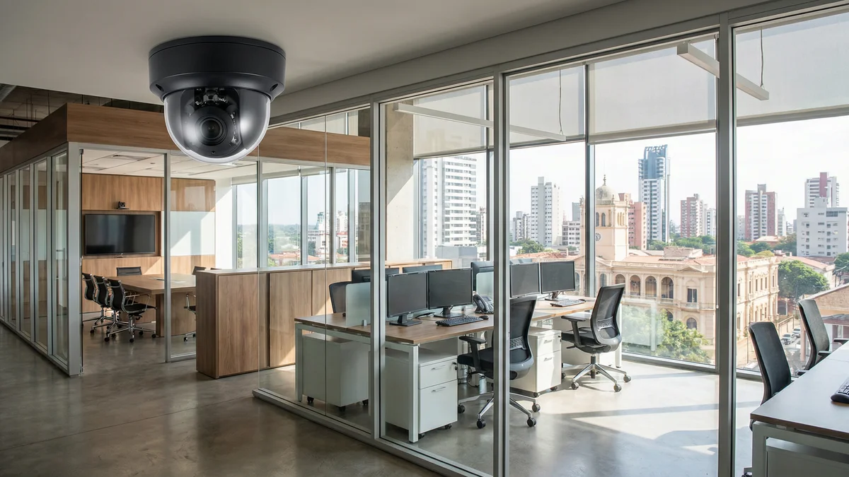 Oficina corporativa con cámara PTZ de seguridad