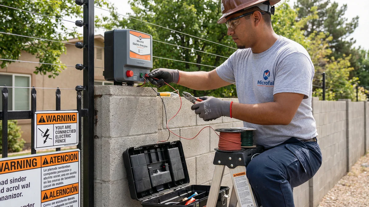 Técnico instalando cerco