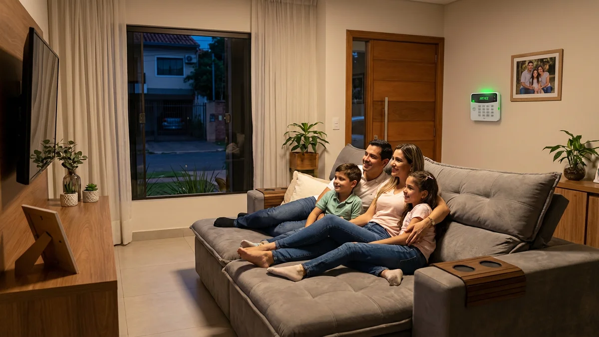 Familia paraguaya tranquila en hogar protegido con alarma Paradox