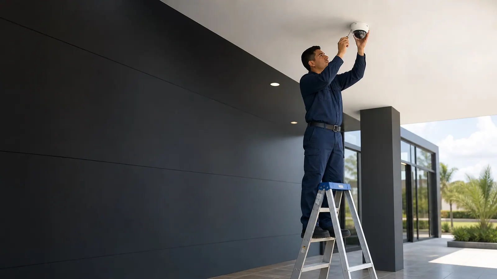 Técnico de Microfal instalando una cámara de seguridad