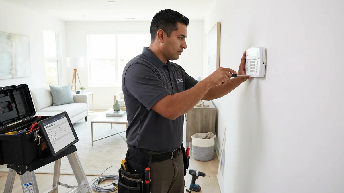 Técnico certificado de Microfal con remera gris instalando alarma Paradox en Paraguay