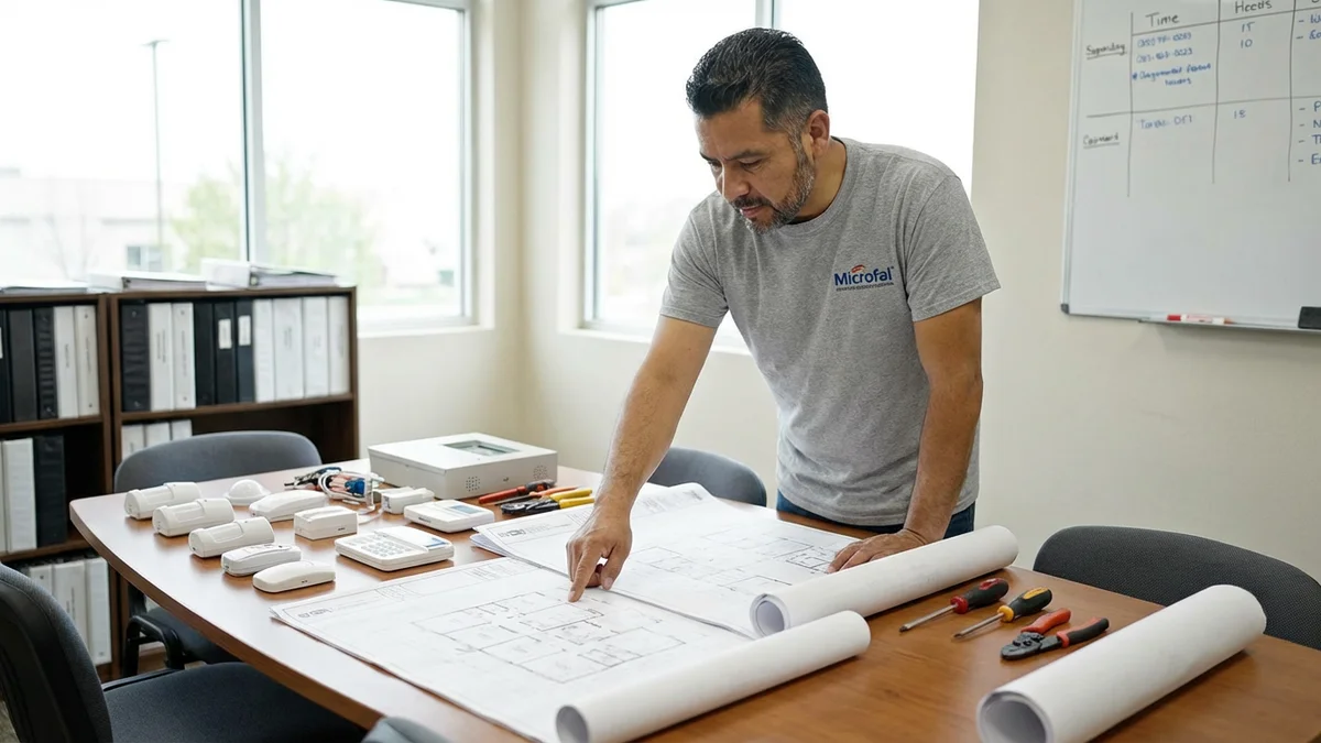 Técnico Microfal planificando instalación con planos y equipos