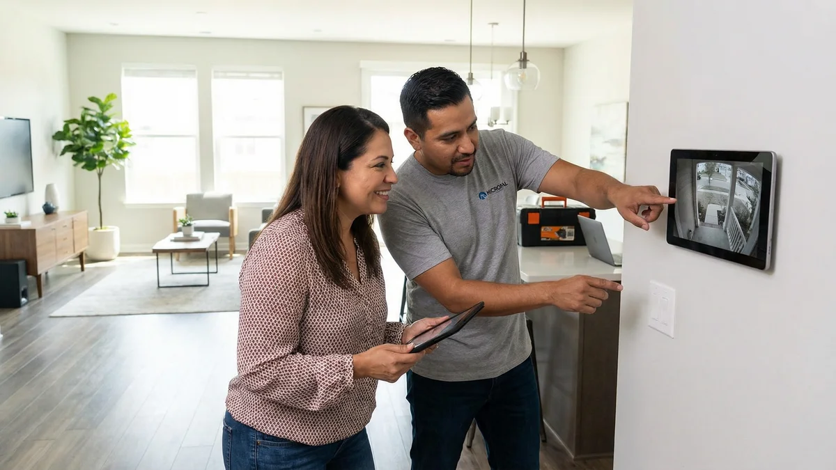 Cliente probando videoportero con técnico Microfal