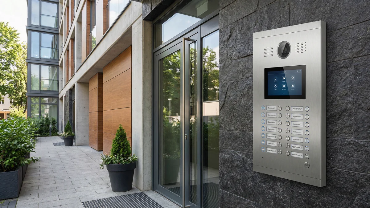 Panel de videoportería IP en entrada de edificio residencial
